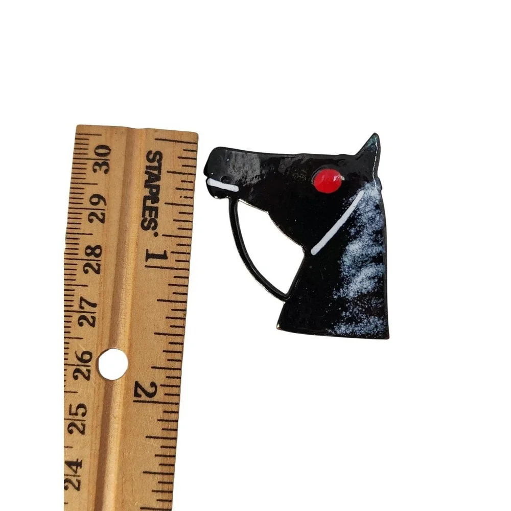 Vintage enamel on copper Black‎ horse head w  red eye brooch pin